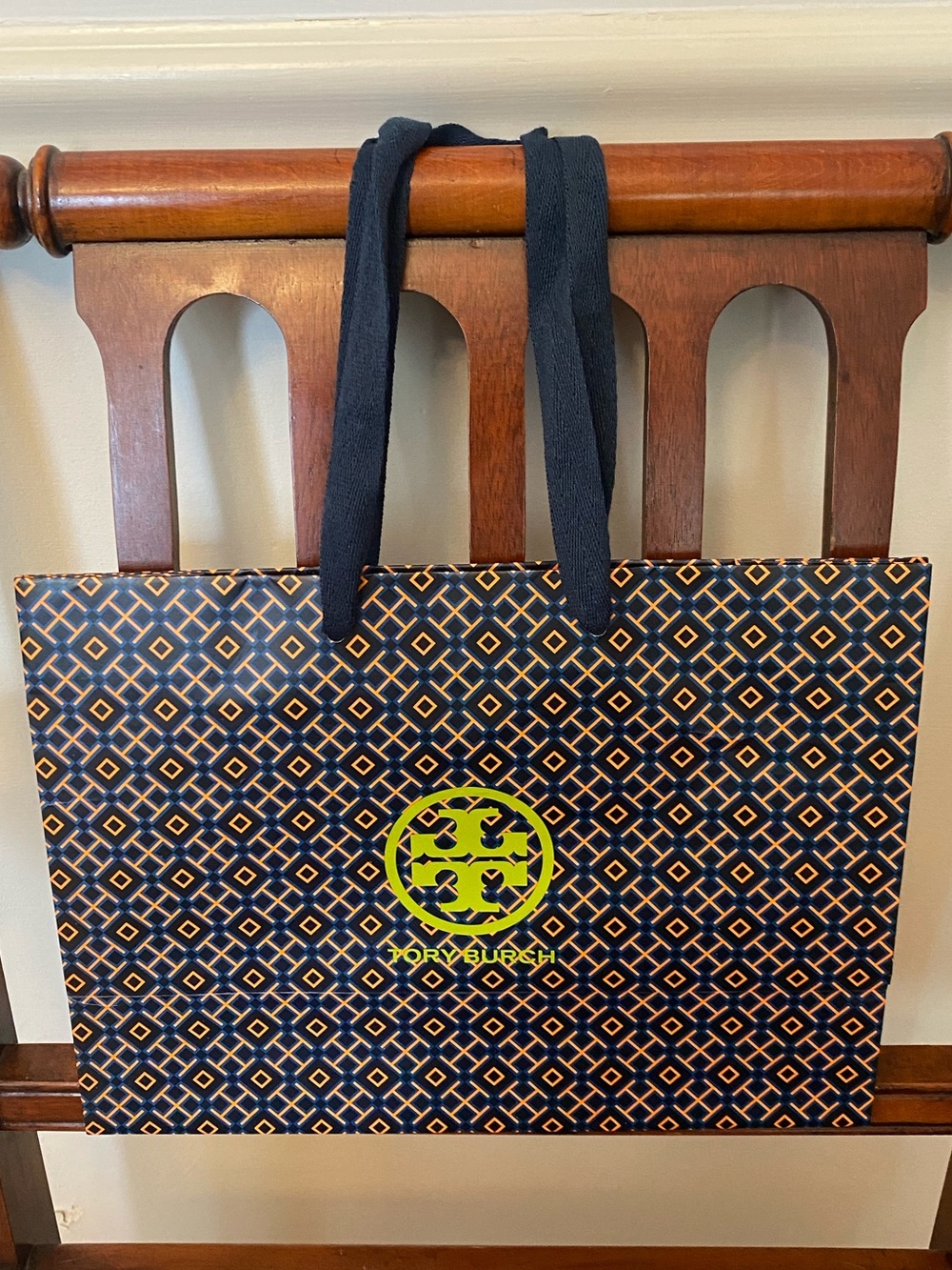 NWOT Tory Burch Navy and Orange Geometric Tote with Lime Logo